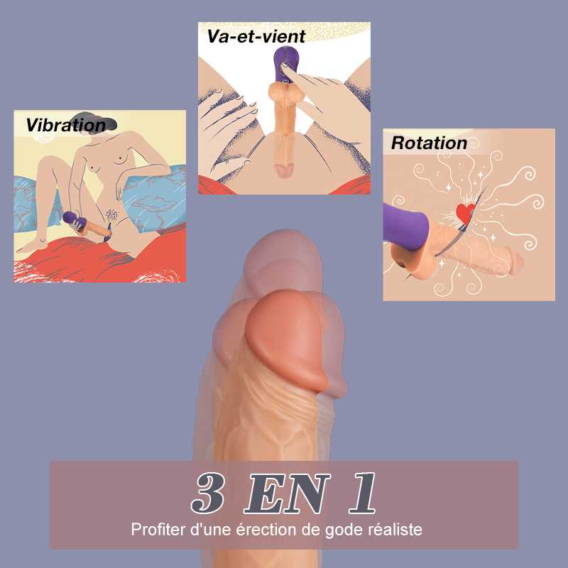 Gode dildo réaliste 3 en 1 avec 6 modes télescopiques et 10 modes de vibration, Avirobta