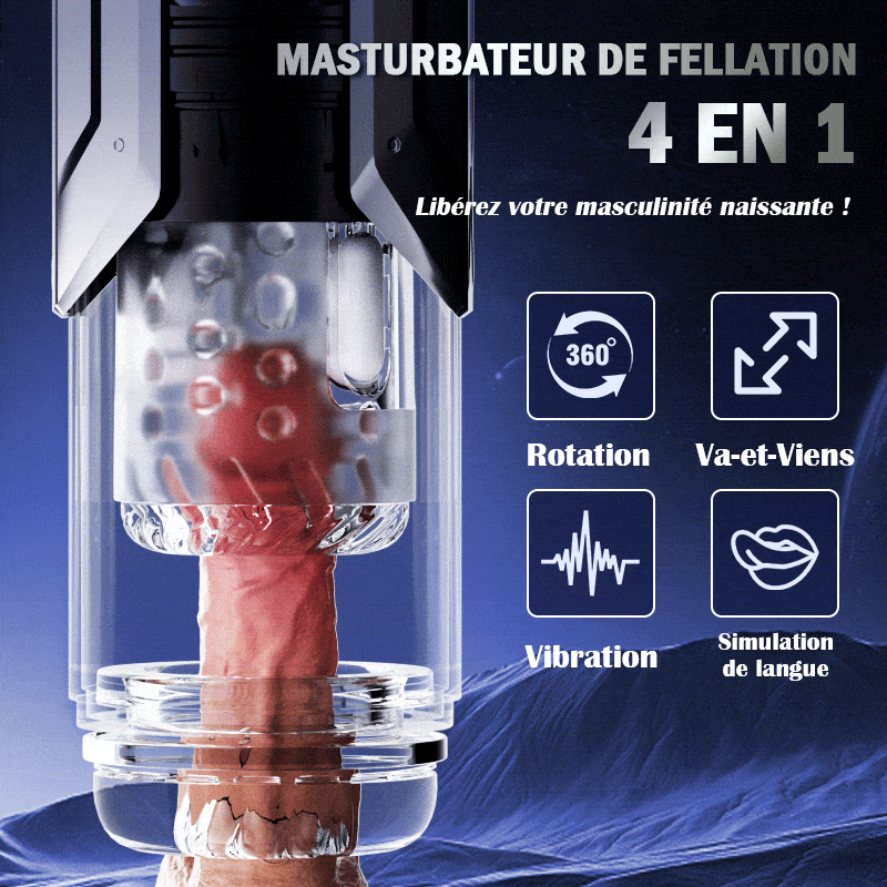 Masturbateur de fellation automatique 4 en 1 pour hommes, 100% étanche, La langue réaliste tourne à 360° pour lécher et taquiner chaque point sensible du gland.
