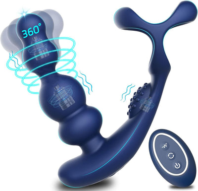 Vibromasseur anal pour homme - 4 en 1 Stimulation de la prostate - Télécommande Perles anales Godemichet anal avec double anneau pénien 10 vibrations & 3 modes rotation Masseur de prostate Plug anal
