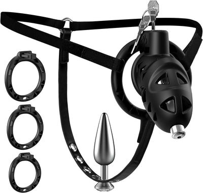 Sex Toýs Homme Couple Cage de Chasteté Pénis avec Chastity Cage Plug,Harnais Réglable et Ceinture de Chasteté avec Anneaux de 3 Tailles avec Accessoires de bondage BDSM
