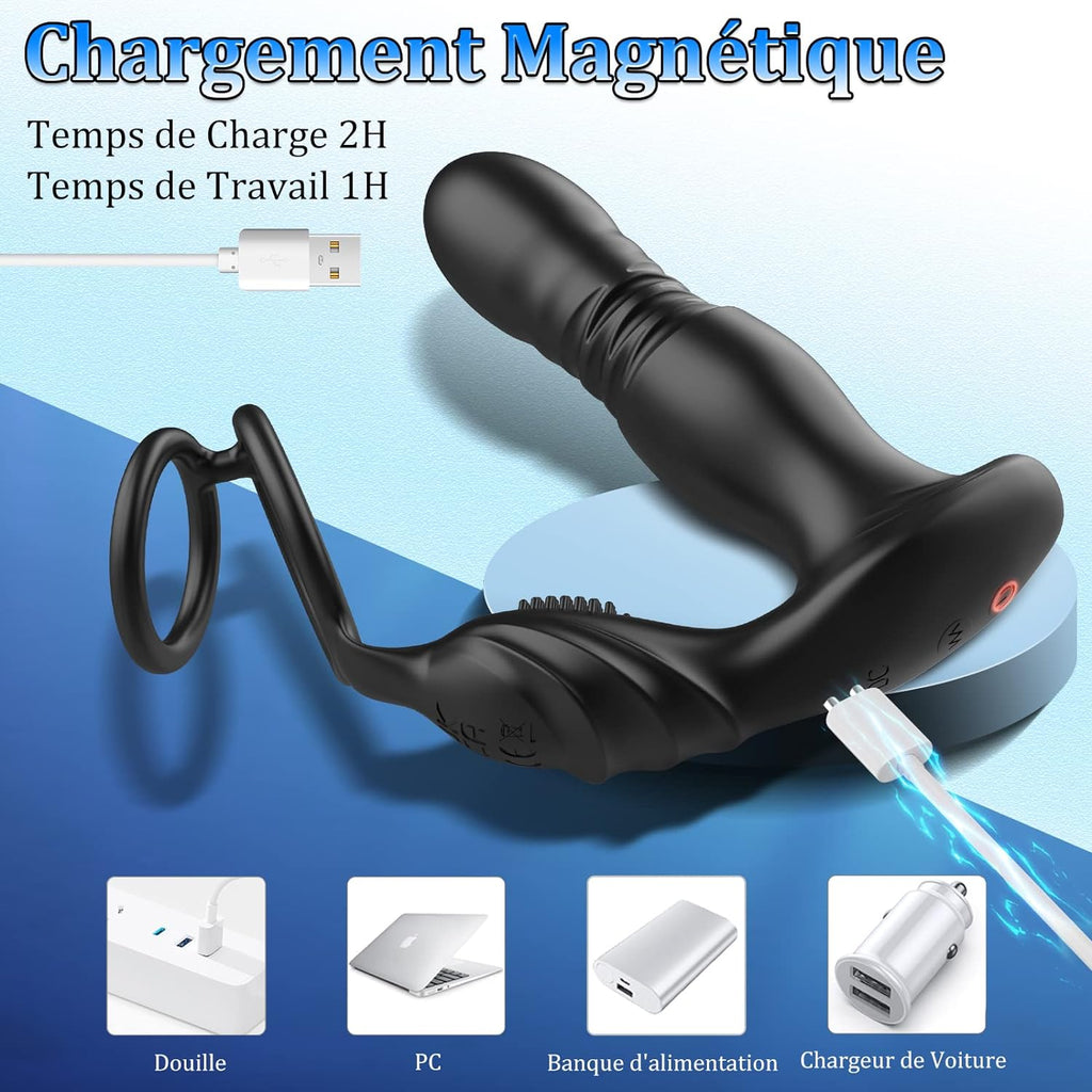 3 EN 1 Masseurs de Prostate Vibrant avec Anneau Pénien, Vibrateur Anal Télécommandé, Plug anal gode vibrateur avec 10 modes de poussée vibrant portabl Pour Couple