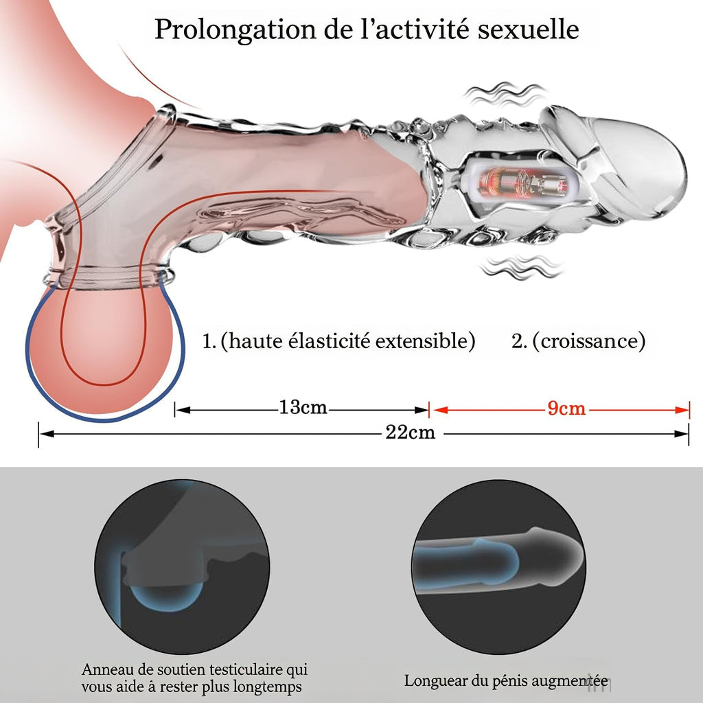 Gaine pénienne BDSMYEE avec vibromasseur pour une extension de 9 cm, gaine pénienne, sextoy érotique pour hommes, manchons péniens, kit de sextoys pour hommes (transparent)
