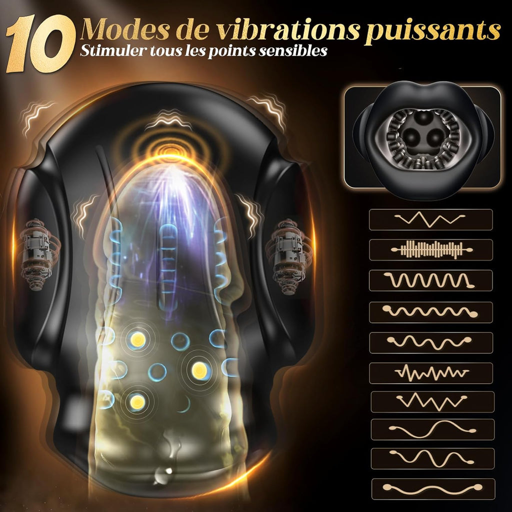 Bouche Sexy Masturbateurs Masculins, Sex Toýs Homme Vaginette Ultra Réaliste Masturbateur avec 10 Modes de Vibration, Masturbateur Automatique Enveloppé à 360° Penisse Vibromasseur Homme Sex Toys