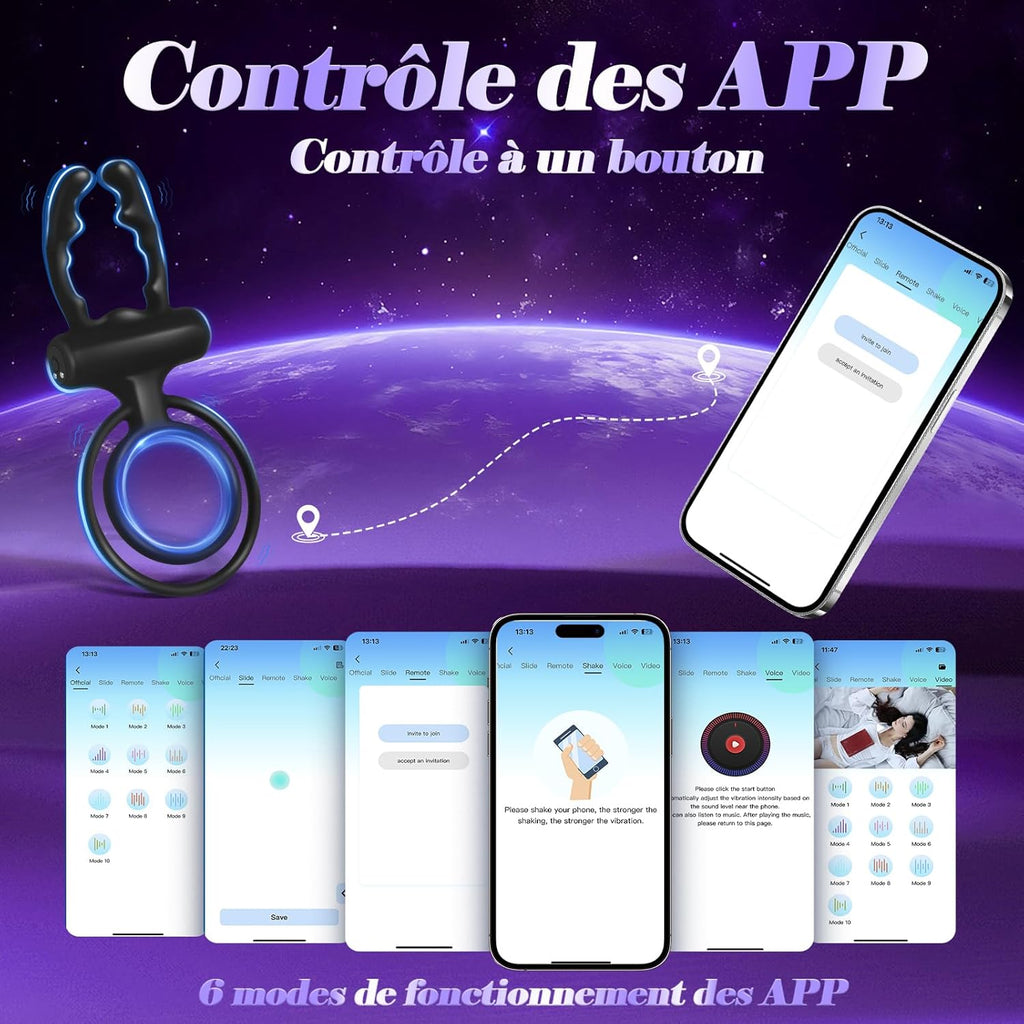 Anneau Penien - Anneau Homme Vibrant Sex Toýs Couple Vibromasseur, Femme Clitoridien Puissant - Rechargeable, prêt pour la douche et dure jusqu'à 60 minutes, 10 Modes de Vibration et Contrôle des APP