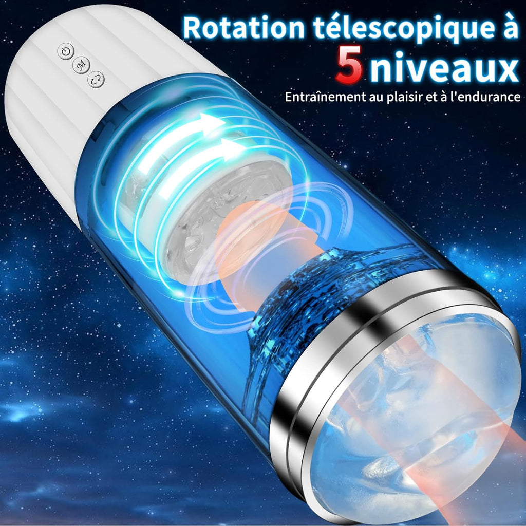 Masturbeuse Homme，Masturbateurs Masculins，Avec 10 Modes de Vibration et 5 Modes de Succion ，Piston Rétractable et rotatif au Niveau du Gland，Masturbateur Automatique