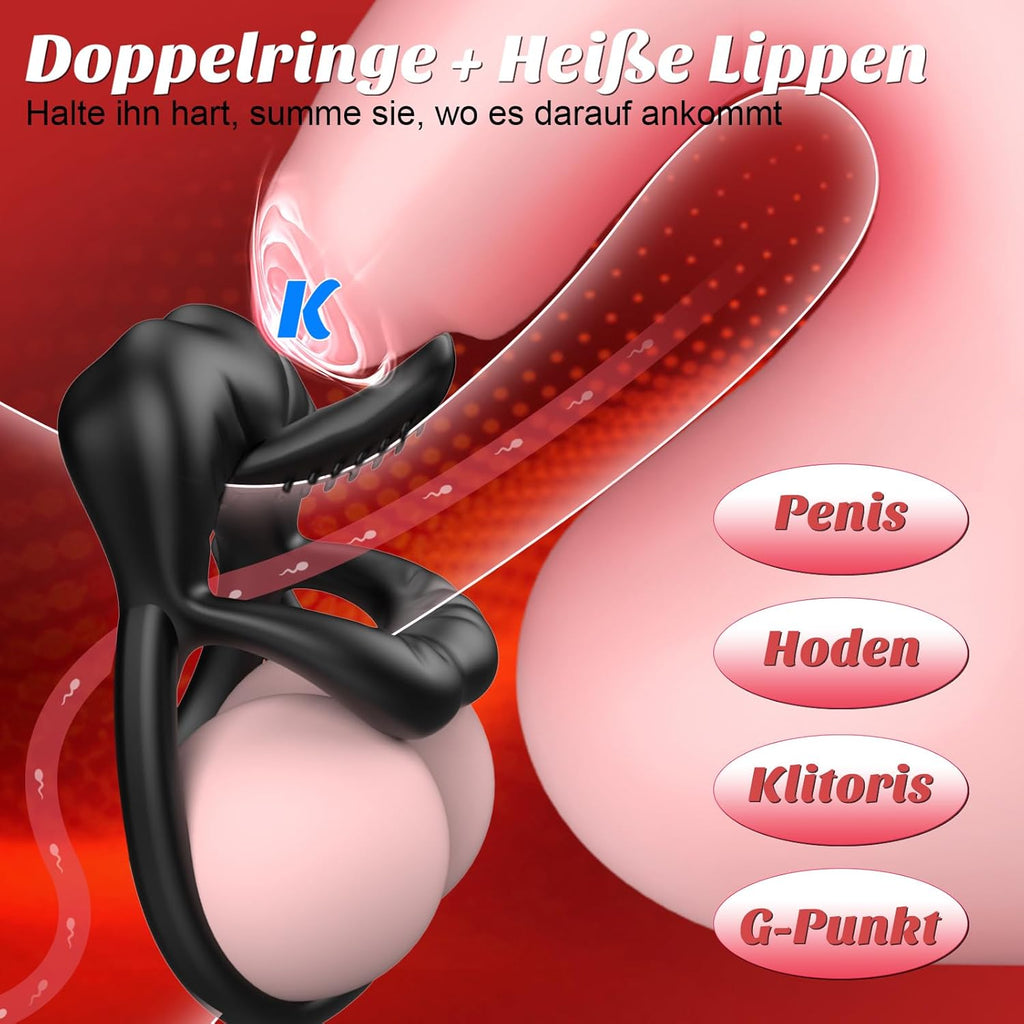 Double Anneau Penien - Anneau Homme Sex Toýs Homme, Anneau Vibrant Pénis Clitoridienne avec Vibromasseur à Langue Reglable, Cockring Sextoy Jouet Sexualité Couple avec Le Stimulateur du Périnée