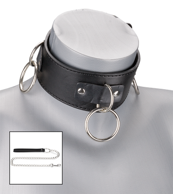 Collier cuir BDSM 3 anneaux + laisse