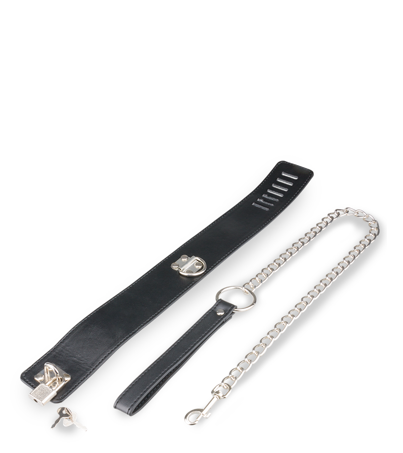 Collier cuir BDSM et laisse chaine avec cadenas
